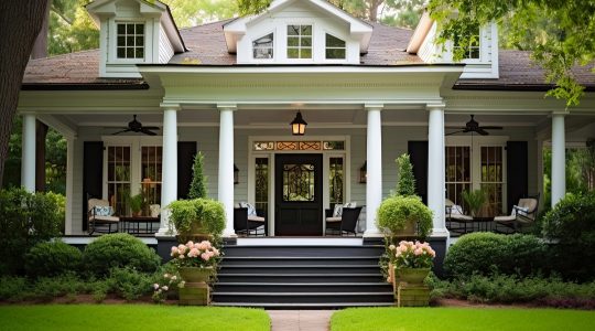 Inviting Southern Home with Covered Porch An Expensive Looking House with an Open Front Door and Deck Featuring Beautiful Exterior: Southwest Real Estate Dynamics